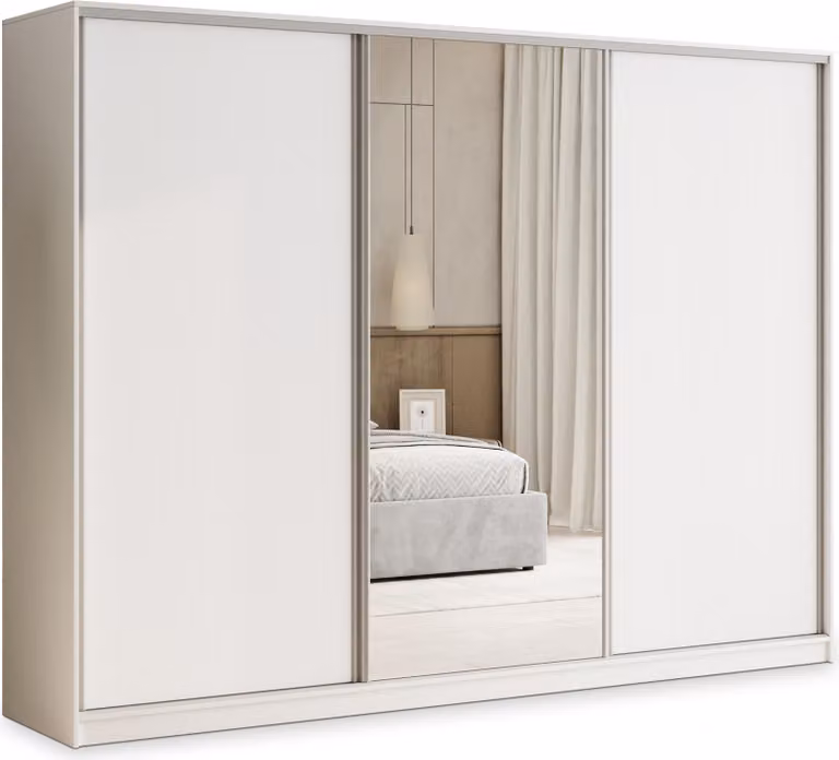Armadio scorrevole Masseno TARI 270/205/58 cm Armadio con 4 cassetti Armadio per camera da letto a 3 ante con specchio Bianco