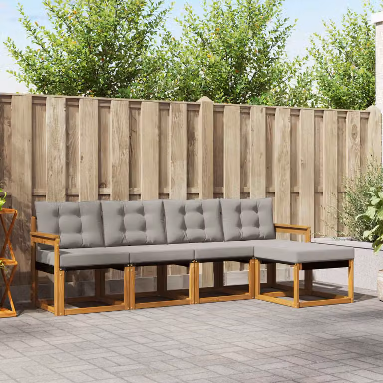 Set di divani da esterno vidaXL a forma di L con pouf, struttura in legno di acacia e sedute in tessuto textilene, colore grigio