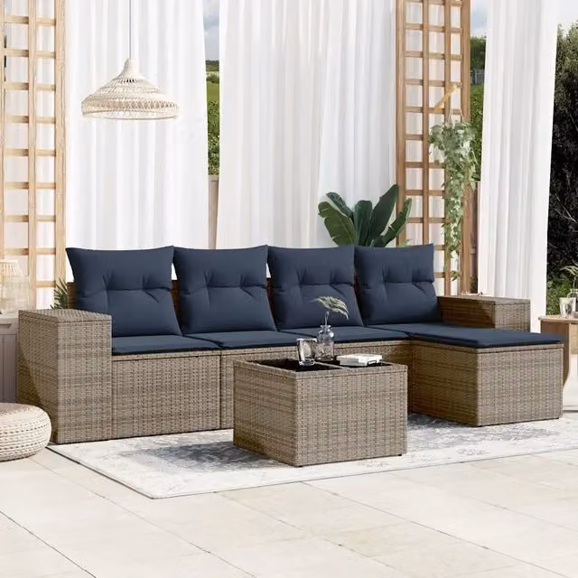 Set da giardino moderno vidaXL composto da 6 pezzi con divano angolare, tavolino e pouf in polyrattan grigio con cuscini rimovibili