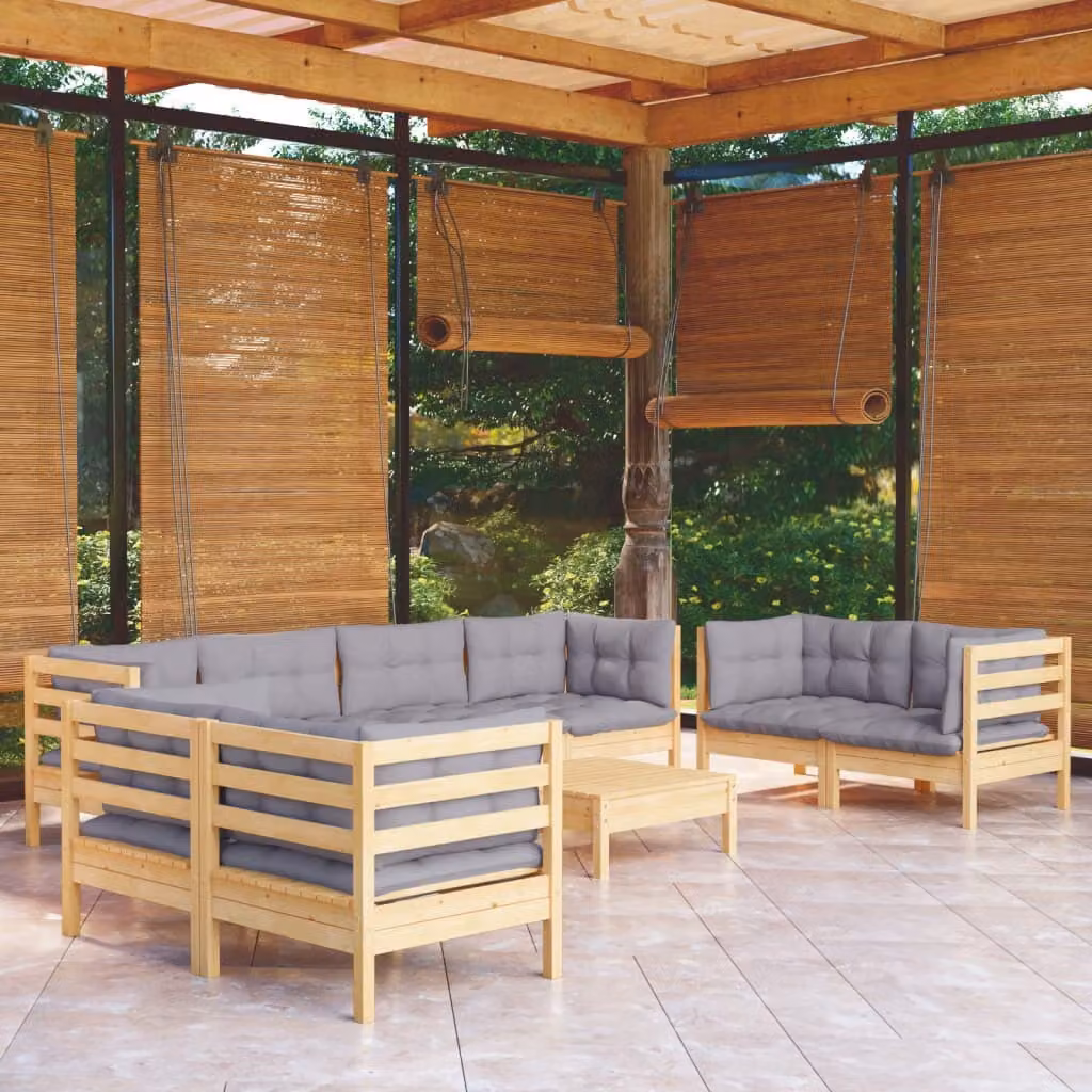 The Living Store Set da 9 pezzi per salotto da giardino con cuscini grigi in legno di pino massiccio