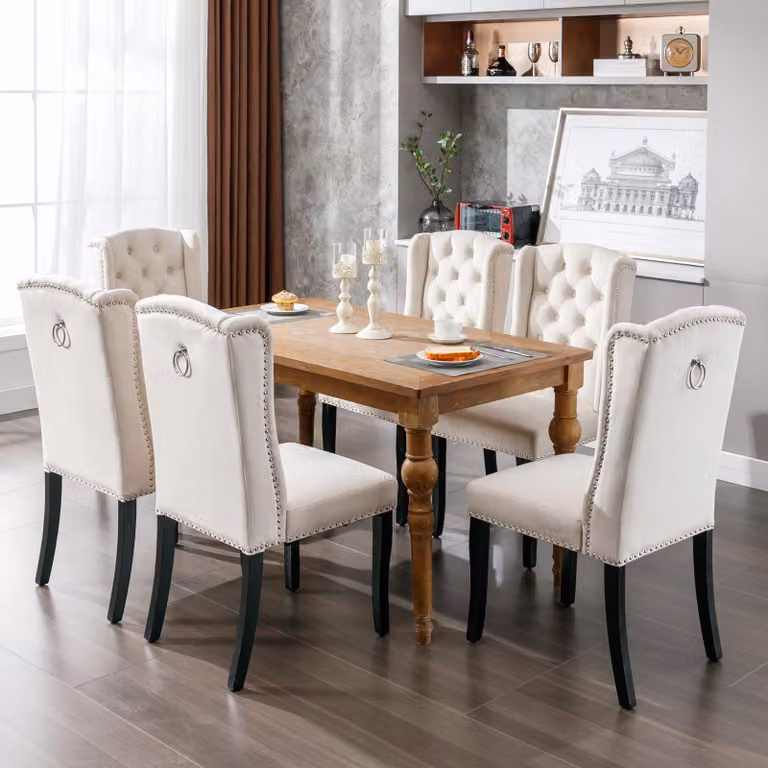 Set di 6 sedie da pranzo, con gambe in legno di quercia, bottoni e anello metallico, color beige