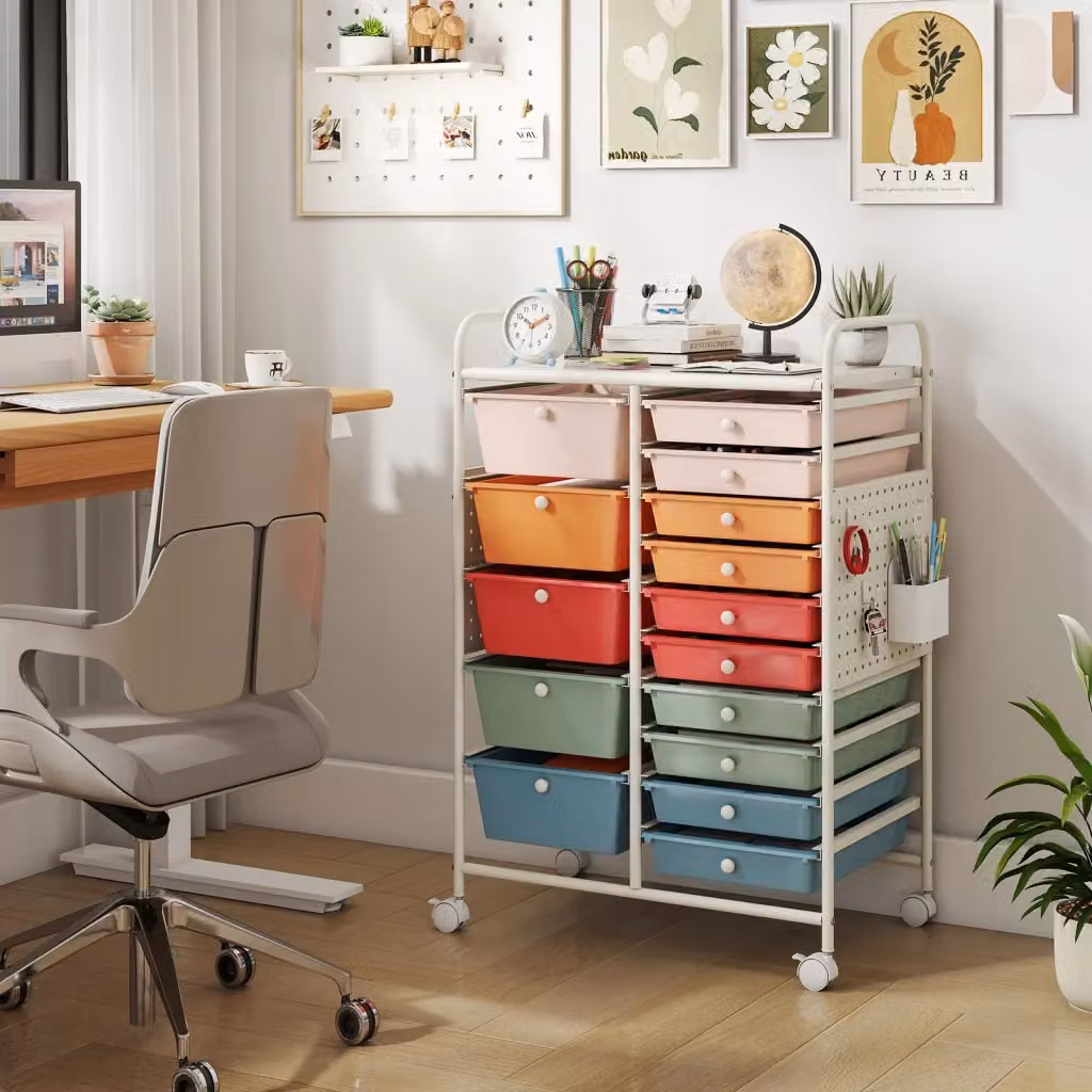 Carrello portaoggetti con 15 cassetti rimovibili e pannelli forati in metallo con ruote Multicolore – 2