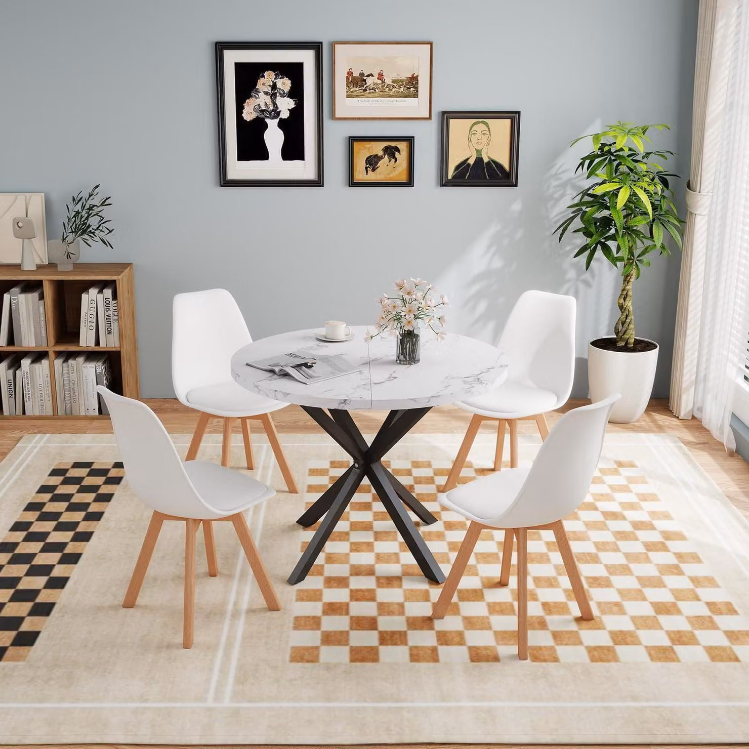Set da pranzo composto da tavolo e 4 sedie. Tavolo rotondo con finitura effetto marmo, bianco, dimensioni 100x100 cm, con gambe in legno
