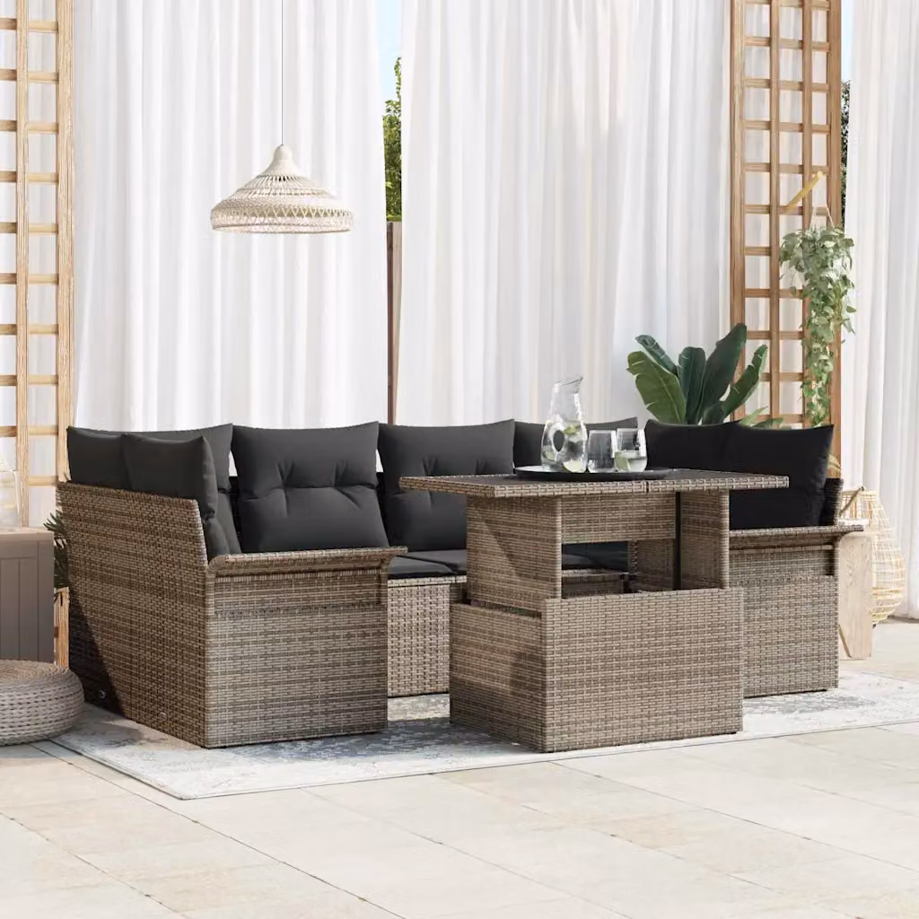 Set Divano da Giardino vidaXL 7 Pezzi Grigio con Tavolino e Cuscini in Rattan e Metallo – 1