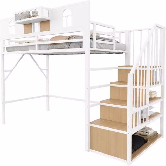 Letto a soppalco 90x200 cm con scala contenitore e barra luminosa; bianco