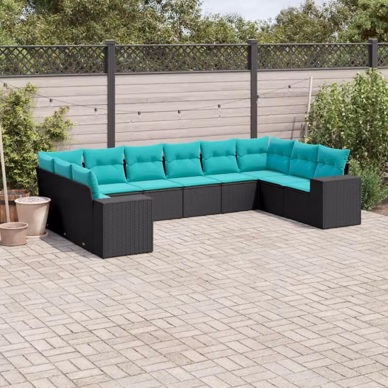 Set di divani da giardino vidaXL a forma di U composto da 10 pezzi con cuscini in polyrattan e struttura in metallo nero