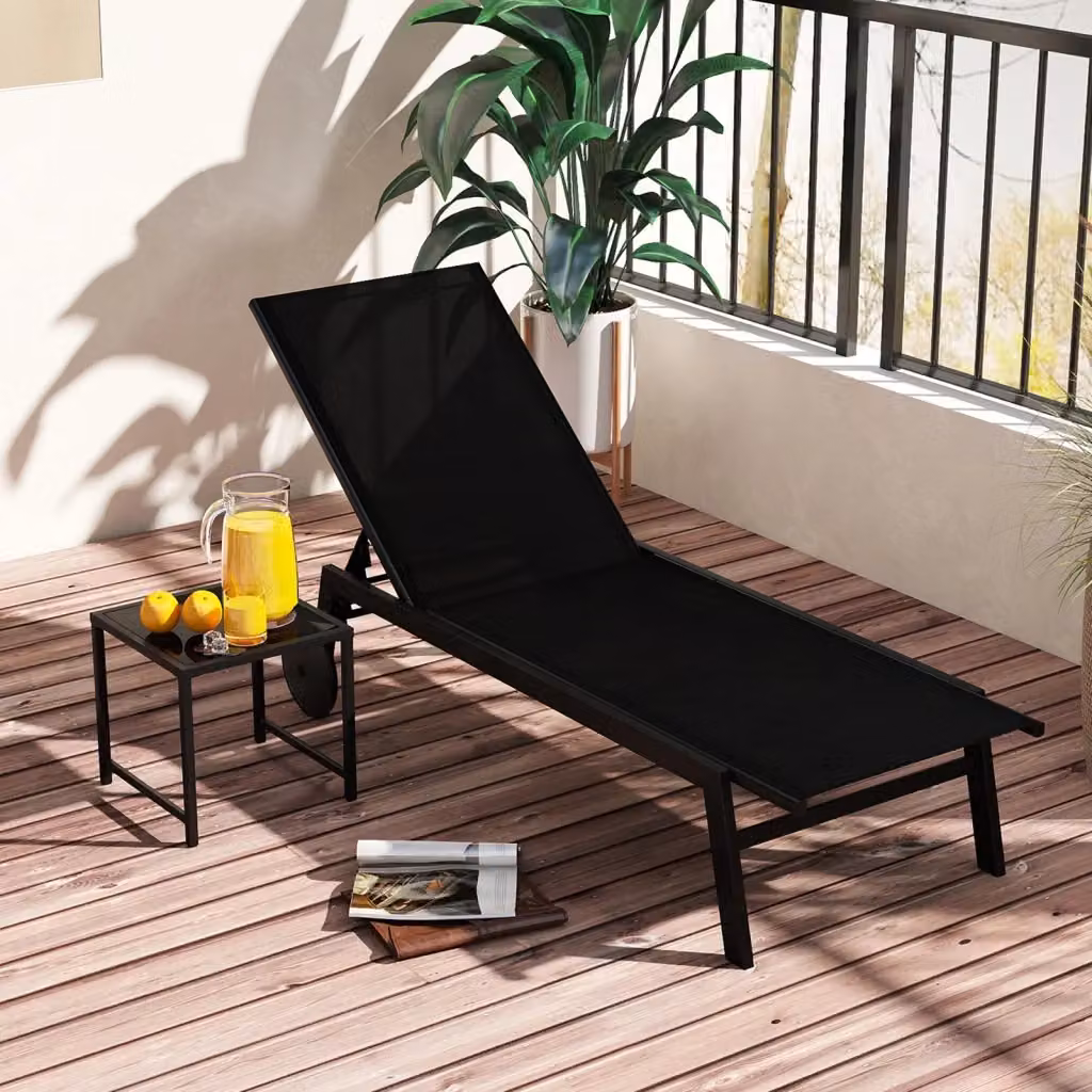 Tavolino rotondo da esterno con piano in vetro temperato e struttura in metallo nero per giardino e piscina – 2