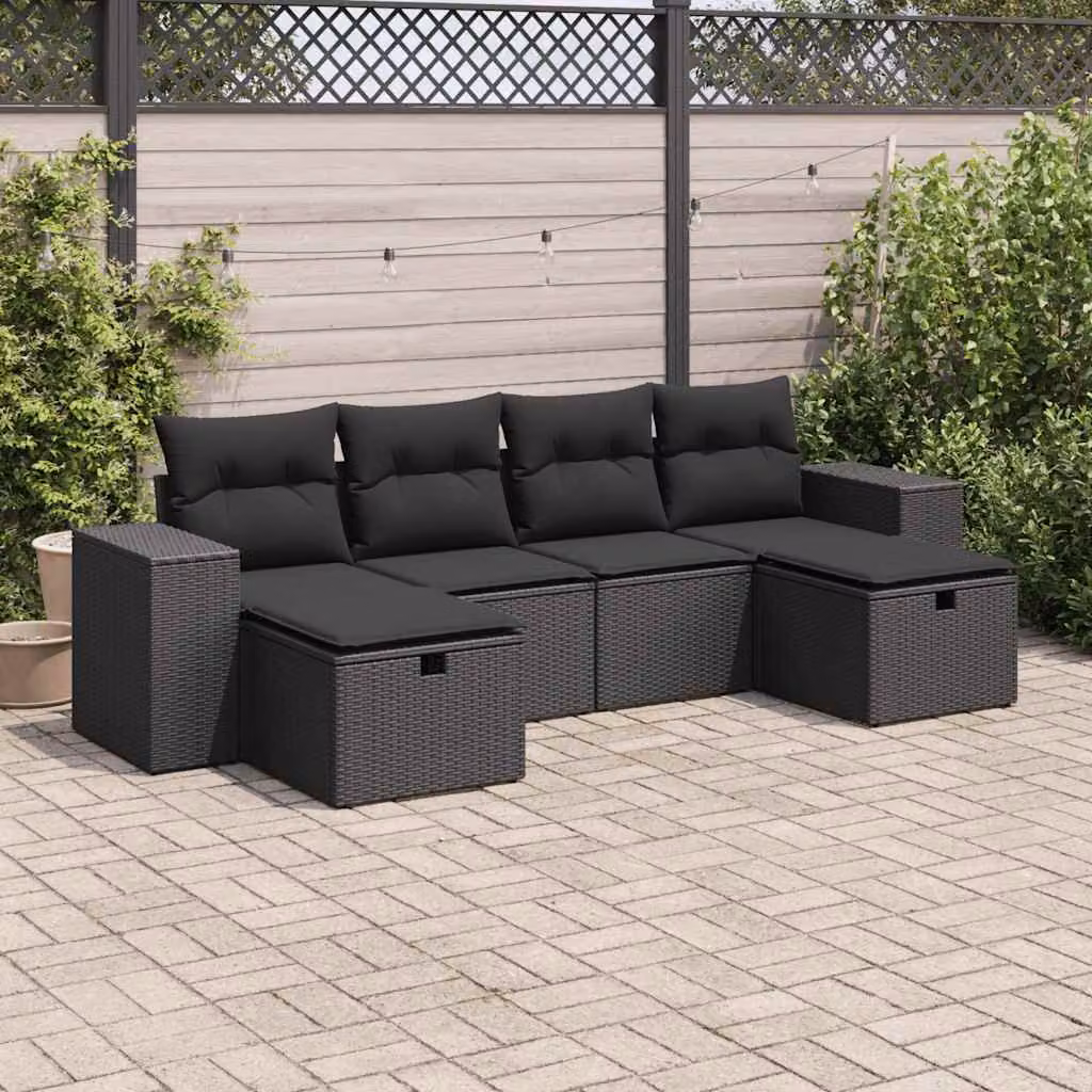 Set Divano da Giardino a L vidaXL in Polyrattan Nero con 6 Cuscini Imbottiti