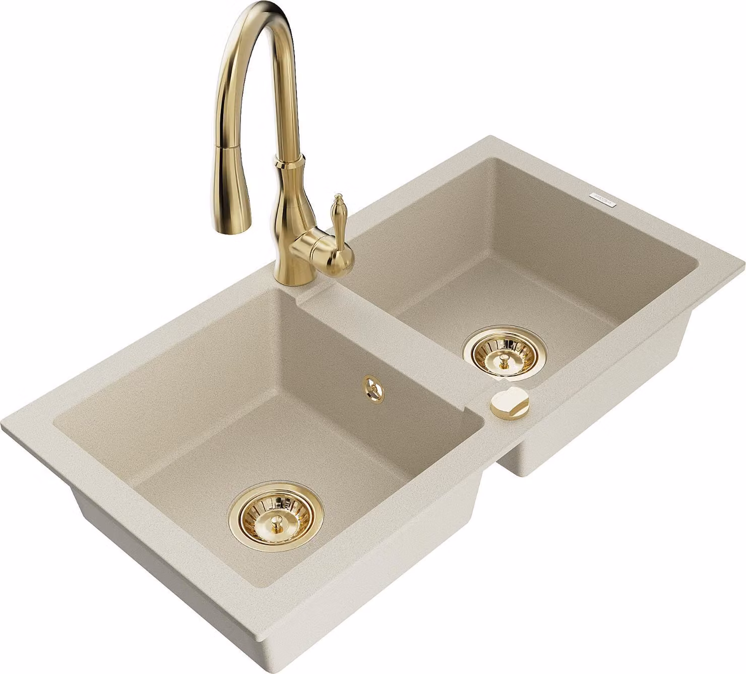 Mexen Mario lavello da cucina in granito a 2 vasche con rubinetto da cucina Savita, beige - 6504-69-672601-50