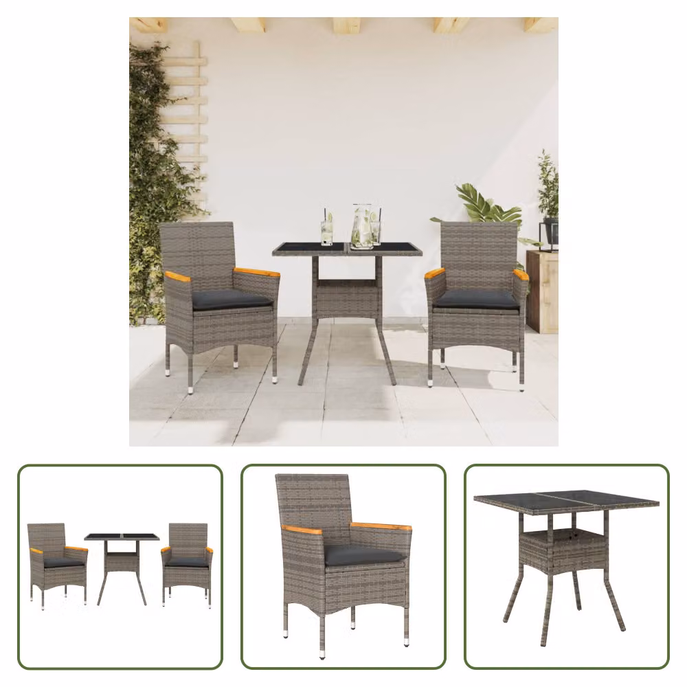 The Living Store Set da pranzo da giardino in 3 pezzi con cuscini in poly rattan grigio e vetro