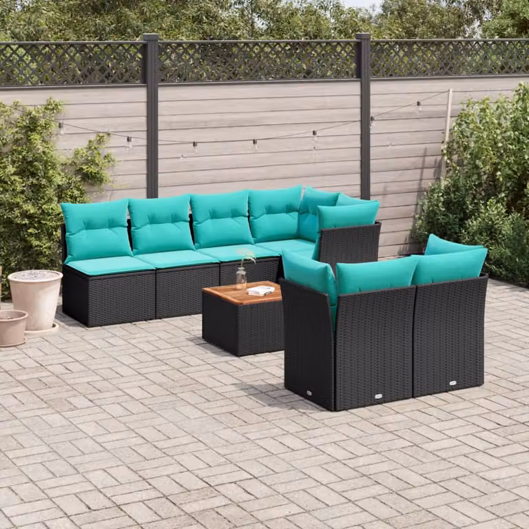 Set di divani da giardino vidaXL in polyrattan nero con cuscini e tavolino da esterno a forma di L per 8 persone