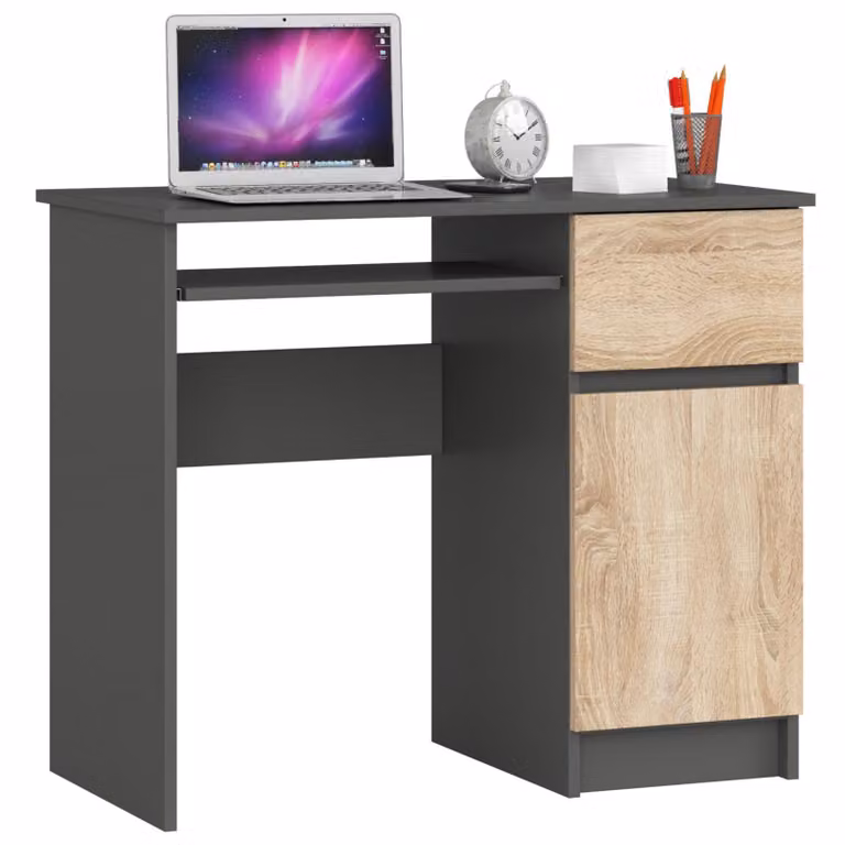 Scrivania per computer PIKSEL 90 cm Grigio Grafite/Sonoma Destra con Tastiera Estraibile e Spazio di Archiviazione
