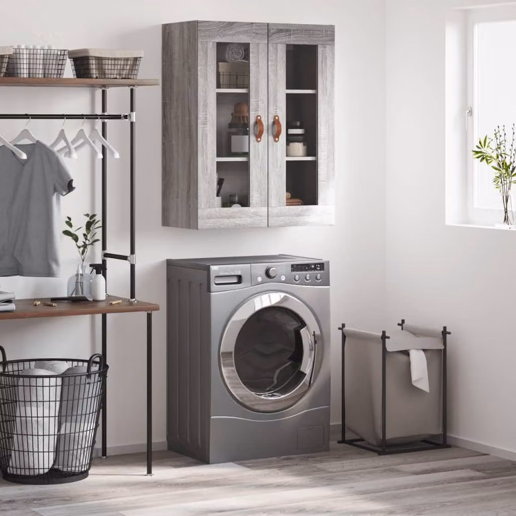 Mobile a parete vidaXL moderno in legno e vetro con ante in vetro, Grigio, L: 69,5 cm, P: 34 cm, H: 90 cm