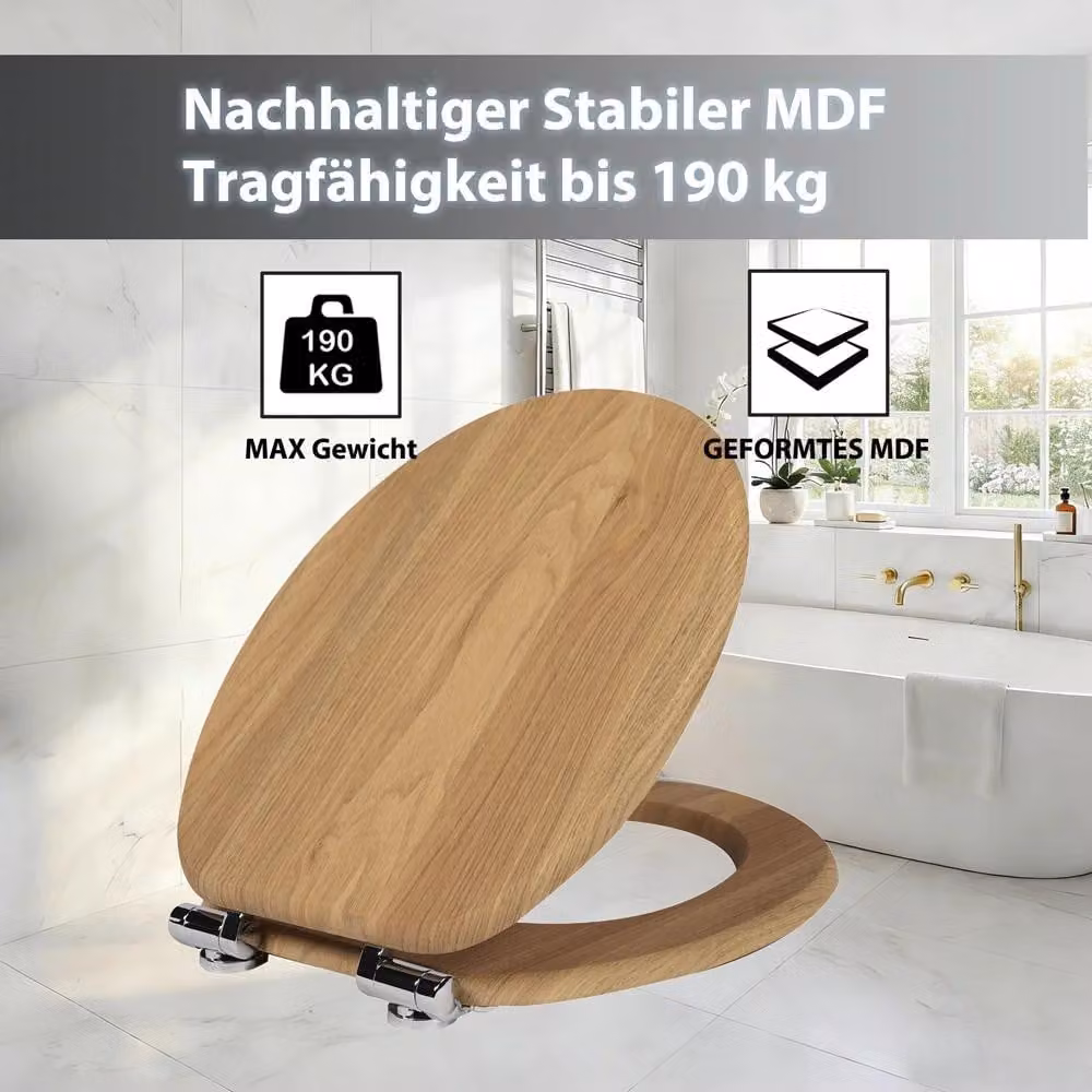 Copriwater W121 - In legno - Con sistema di chiusura rallentata - Cerniere in lega di zinco - Resistente fino a 190 kg - Adatto per WC con dimensioni di 45,7 cm - Colore: W121