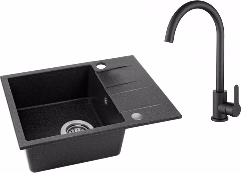 Lavello da cucina VBChome con miscelatore, 56 x 44 cm, nero, in granito, vasca singola, da incasso, effetto granito, reversibile, lavello in granito, sifone, lavabo
