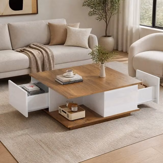 Tavolino da caffè quadrato 70x70 cm con 3 cassetti, bianco e noce