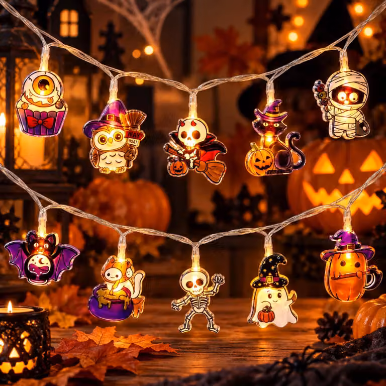 Catena luminosa a tema Halloween, lunghezza 1,5 metri, 10 LED, con motivi di fantasmi, scheletri e pipistrelli