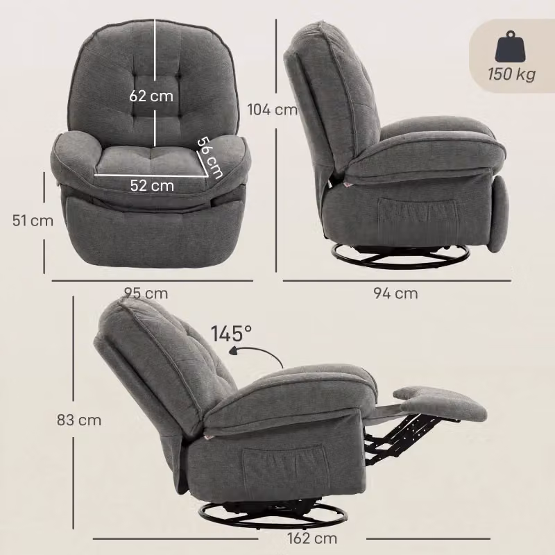 Poltrona relax reclinabile MIVRAY in ciniglia grigio chiaro con funzione girevole a 360 gradi e dondolo – 2