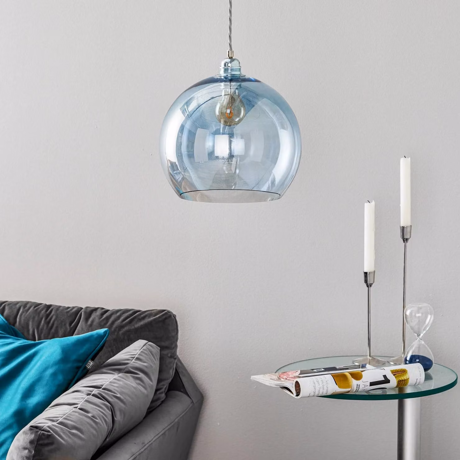 EBB & FLOW Lampada a sospensione in vetro Rowan, dimmerabile, Blu, Soggiorno / Sala da pranzo, Vetro, Scandinavo, Lampada a sospensione