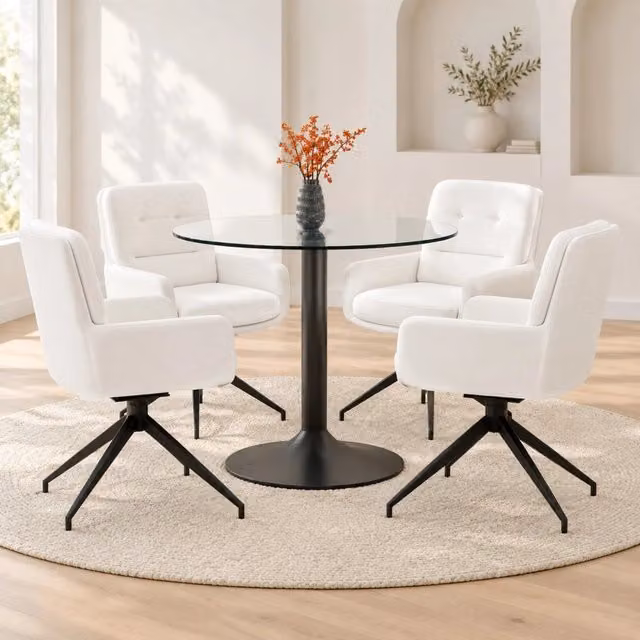 Set tavolo da pranzo e sedie con 1 tavolo rotondo e 4 sedie girevoli in vetro temperato, metallo nero e PU bianco
