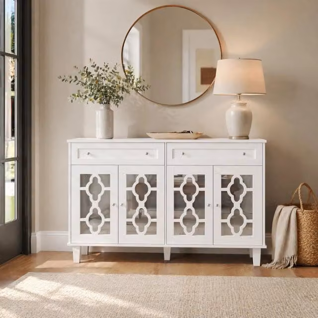 Credenza 140x40x83 cm bianca – 4 ante a specchio, 2 cassetti