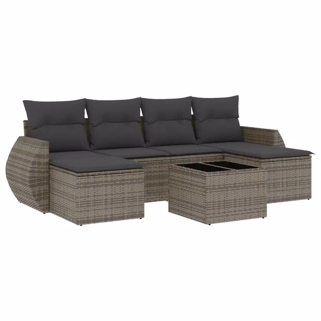 Set di divani da giardino vidaXL in polyrattan grigio con cuscini, tavolino e pouf, 7 pezzi – 2