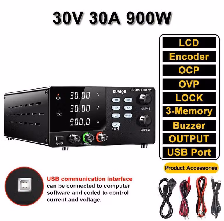 Alimentatore da laboratorio - Alimentatore DC regolabile - 0–30V 30A 900W - Ingresso 220V - Protezione OVP/OCP - Controllo USB - Display digitale