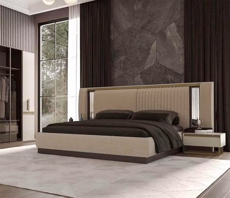 Elegante set da camera da letto: letto con comodi comodini