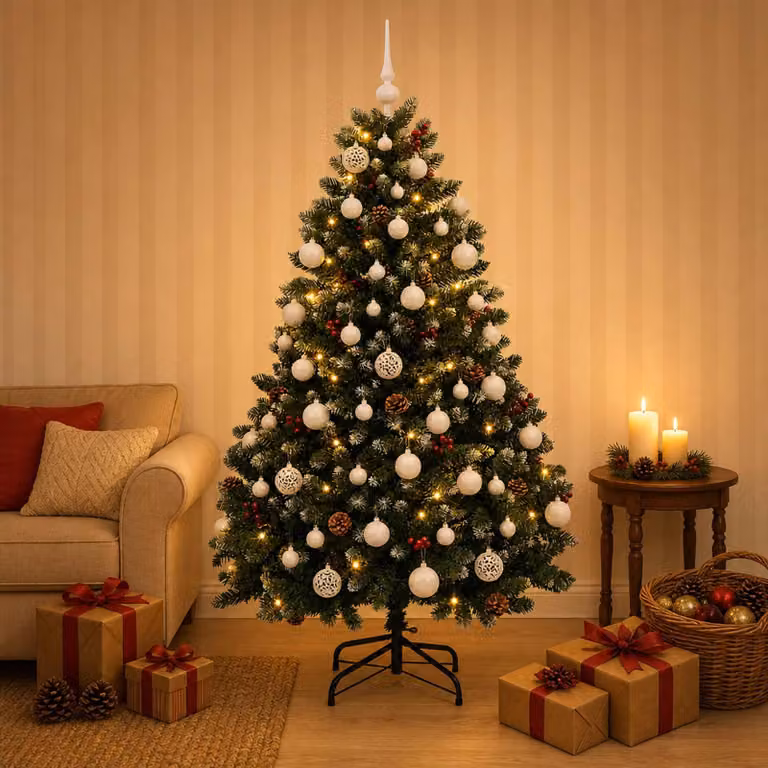 Albero di Natale artificiale, verde, con decorazioni a sfera, altezza 150 cm, 150 luci LED