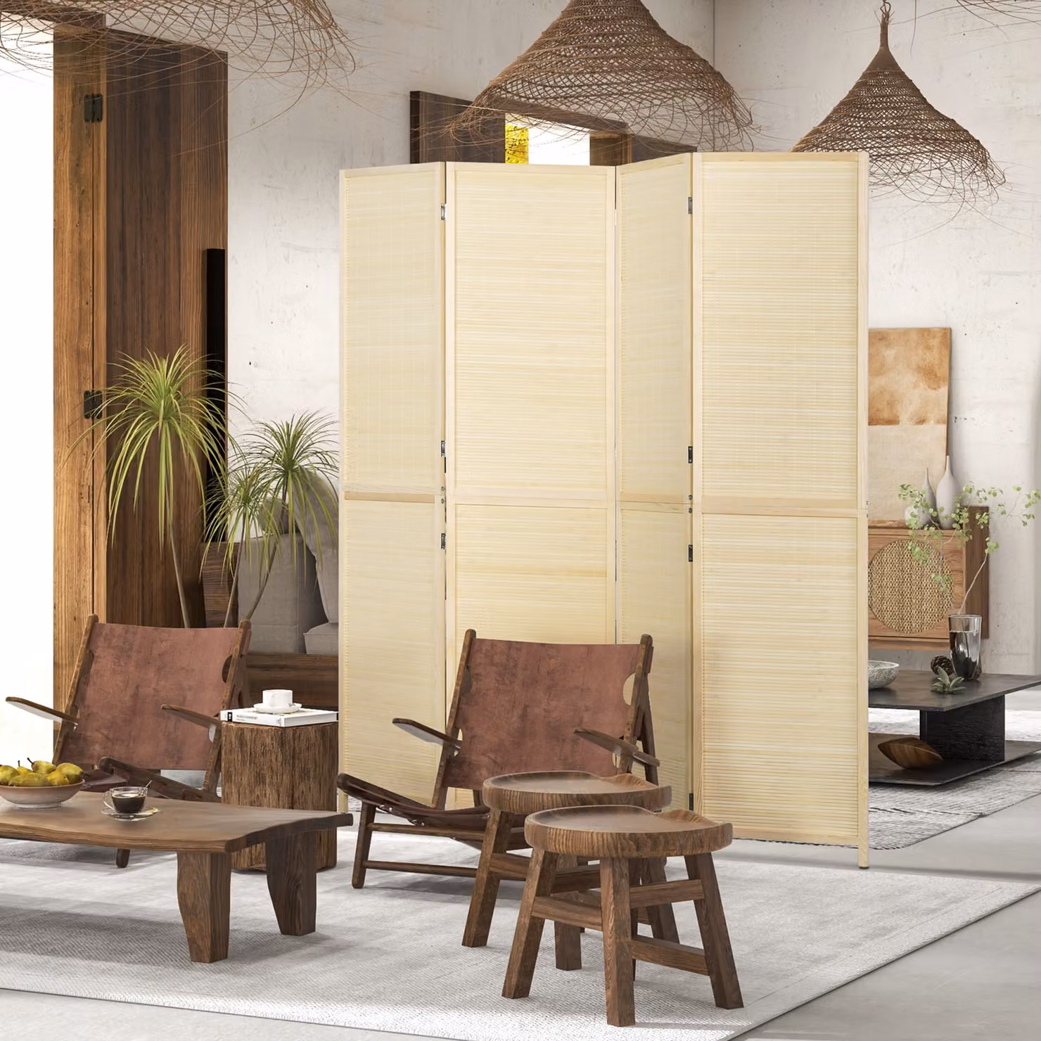 Paravento pieghevole a 4 ante HOMCOM in bambù e rattan, stile boho, colore marrone/beige, H 180 x L 180 x P 1,6 cm – 2