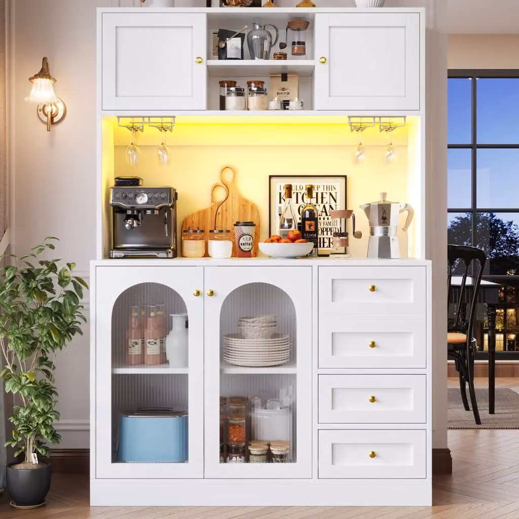 Credenza Mivray per cucina e soggiorno in MDF bianco e vetro con illuminazione LED integrata L/P/H: 120 x 40 x 188 cm – 2