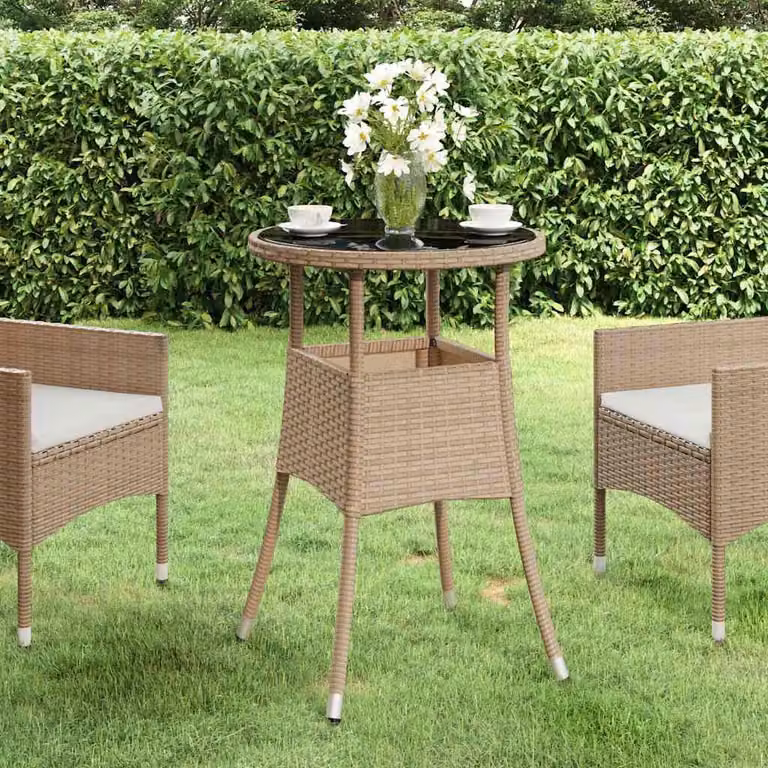 vidaXL Tavolo da giardino rotondo in polyrattan e vetro temperato beige, Ø 60 cm, H 75 cm