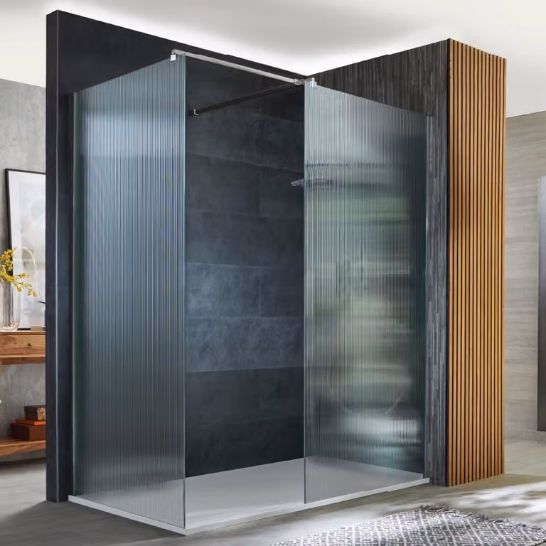Box Doccia Walk-in Angolare Cromato in Vetro Scanalato con con Piatto Doccia Effetto Ardesia - Scelta di Misure
