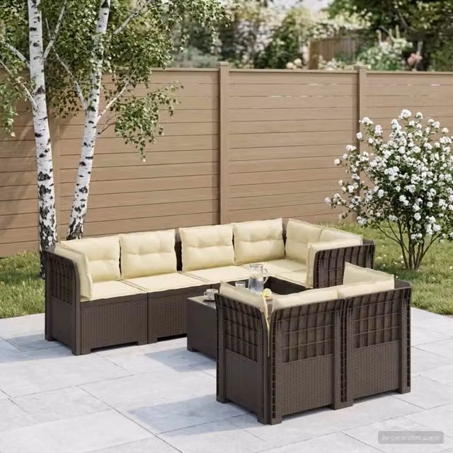 Set da giardino vidaXL a 7 posti in polyrattan con cuscini beige e grigi per esterno