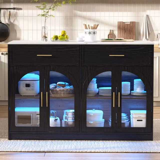 Isola da cucina con piano ampio; 2 cassetti; ante in vetro e illuminazione LED; nero