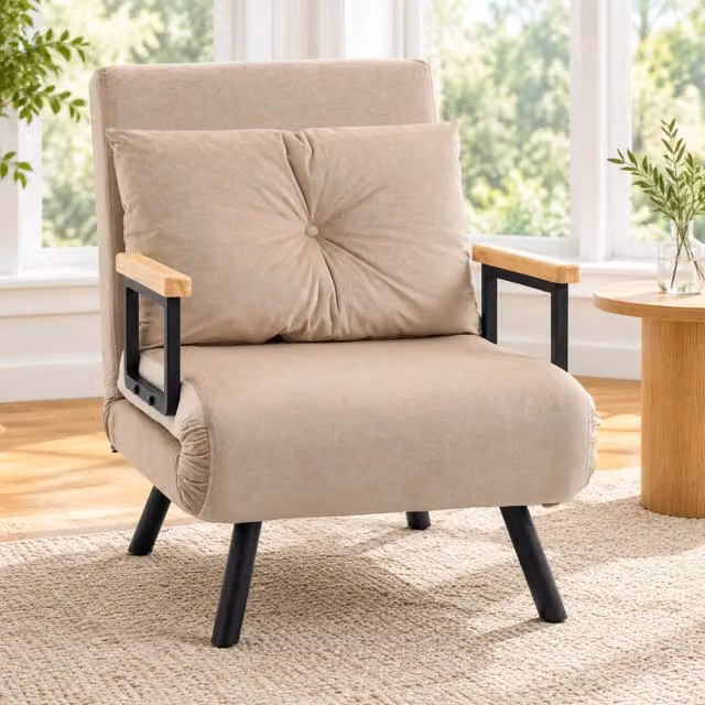 Poltrona letto beige in velluto con schienale regolabile 63x73x81 cm per soggiorno