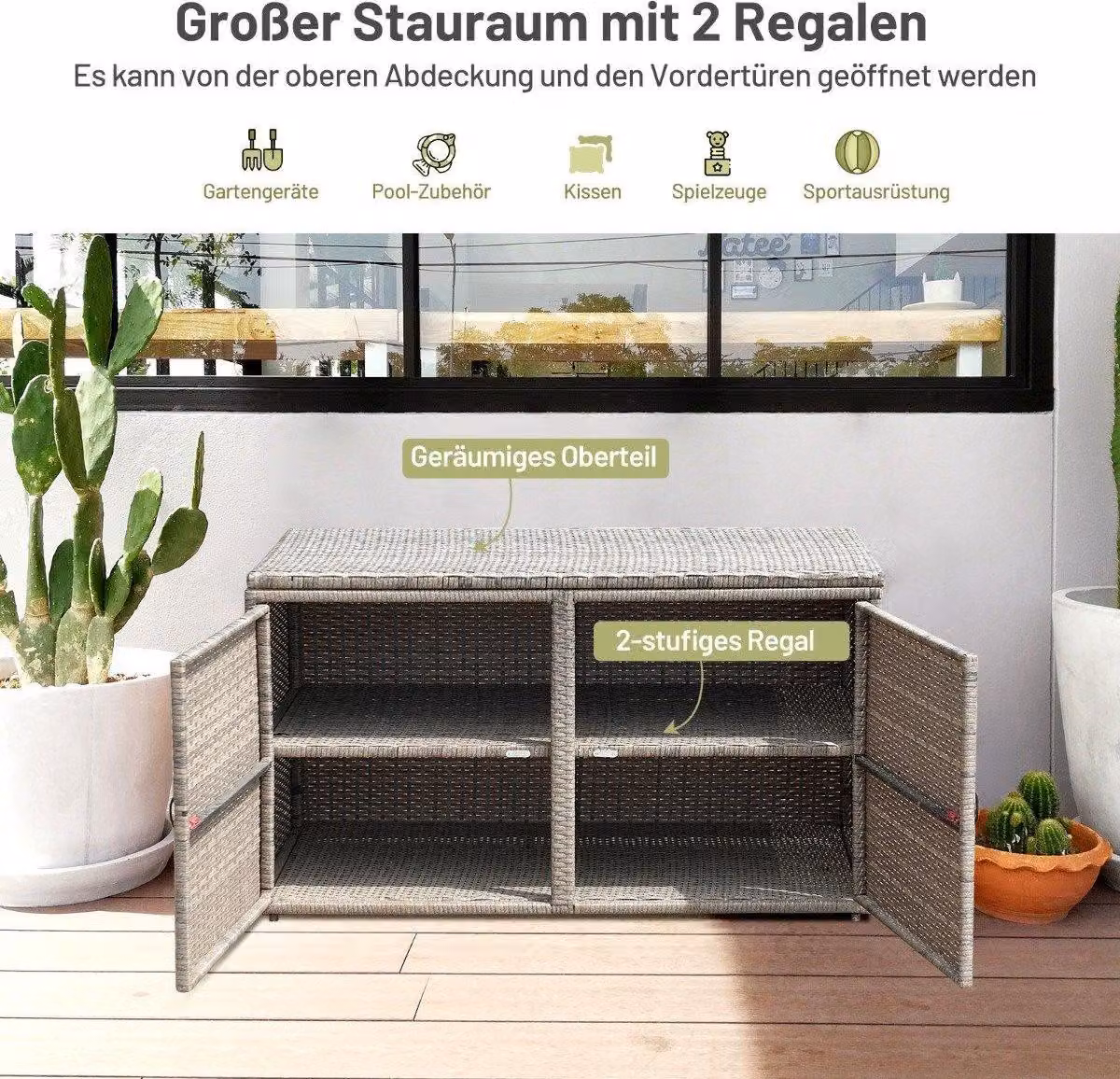 Box da patio in rattan con capacità di 335 L 115 x 60 x 65 cm Grigio