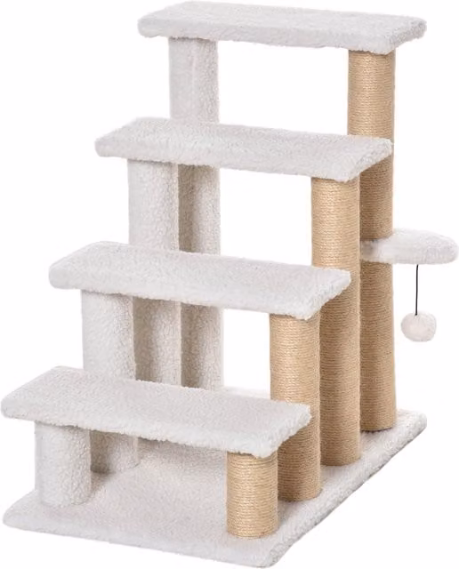Scaletta per gatti PawHut a 4 livelli in morbido peluche con palo in yuta e pallina sospesa, Bianco, L 60 cm x P 40 cm x H 64 cm
