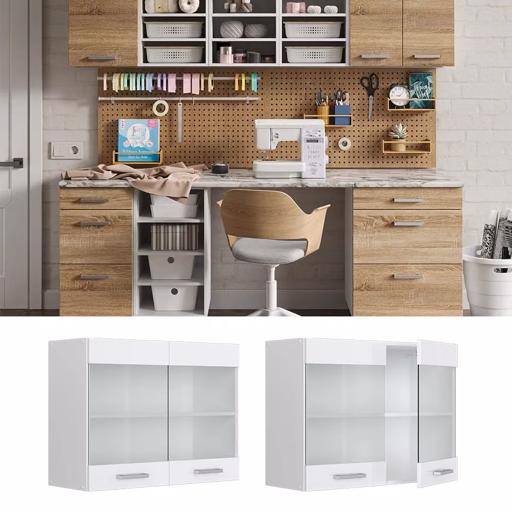 Pensile da cucina universale Vicco R-Line Bianco lucido con ante in vetro L: 80 cm, H: 60 cm, P: 31 cm – 2