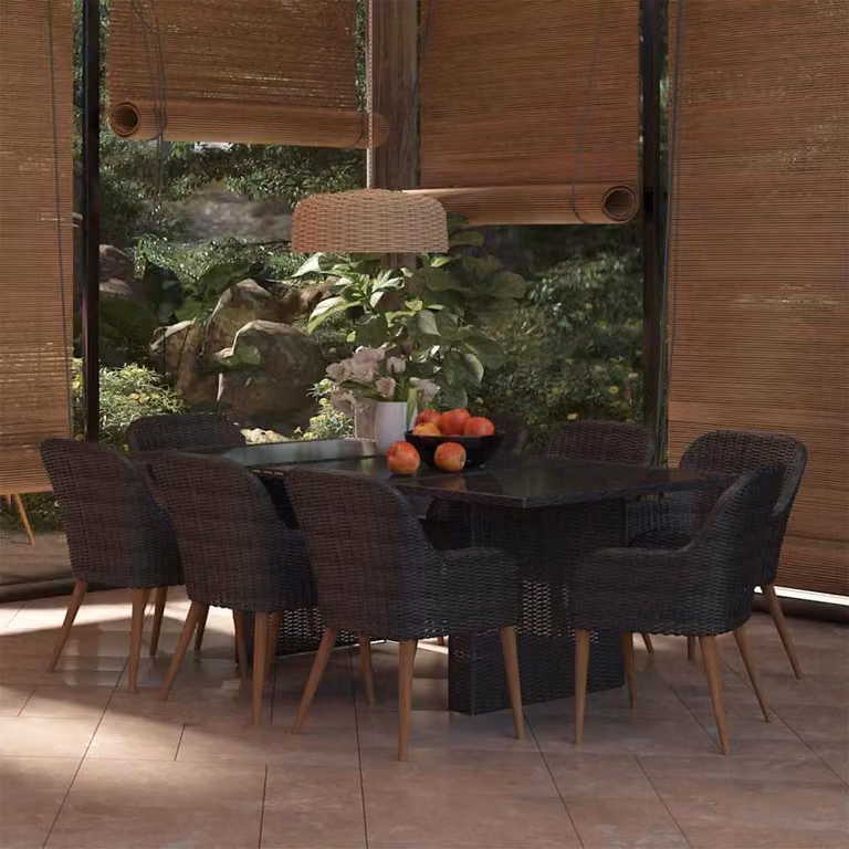 Set da pranzo da giardino vidaXL in 9 pezzi in polyrattan nero e vetro con piano in legno di acacia