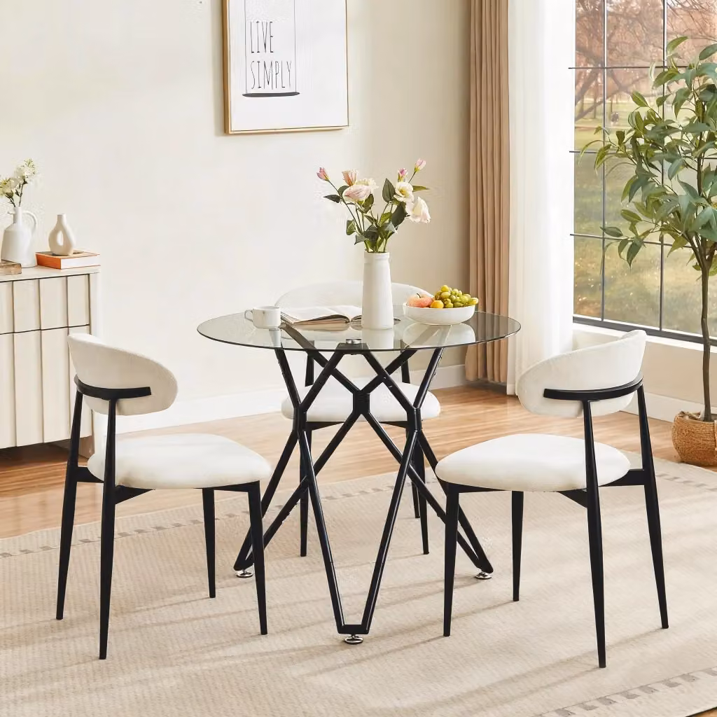 Tavolo da pranzo rotondo WISHDOR in vetro temperato e metallo nero, Diametro: 90 cm, Altezza: 78 cm – 2
