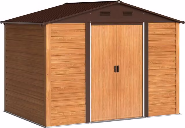 Casetta da Giardino Outsunny in Acciaio con Effetto Legno e Doppie Porte Scorrevoli, Marrone, L: 278 cm, P: 195 cm, H: 215 cm – 1