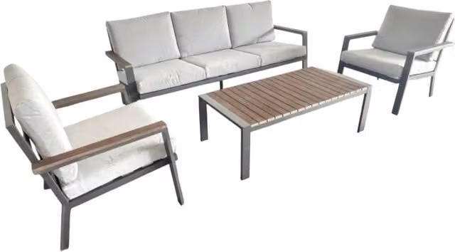 Ikigai - Set Salotto da Giardino Divano 3 Posti 2 Poltrone e Tavolino con Cuscini in Alluminio e Legno Plywood