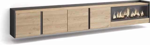 Mobile TV Soggiorno, 315x50x35 cm, Per TV fino a 80", Camino elettrico XXL, Sospeso, da appendere, Rovere e nero
