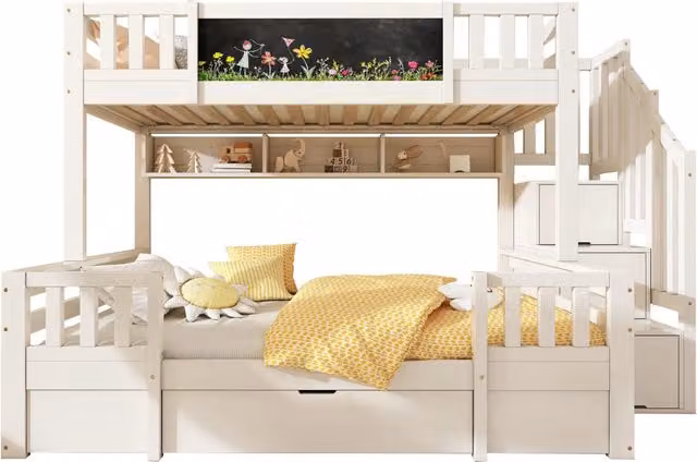 Letto a Castello 3 Posti 90x200 e 140x200 in Legno Massello Bianco con Lavagna; Cassetti e Scale con Contenitore