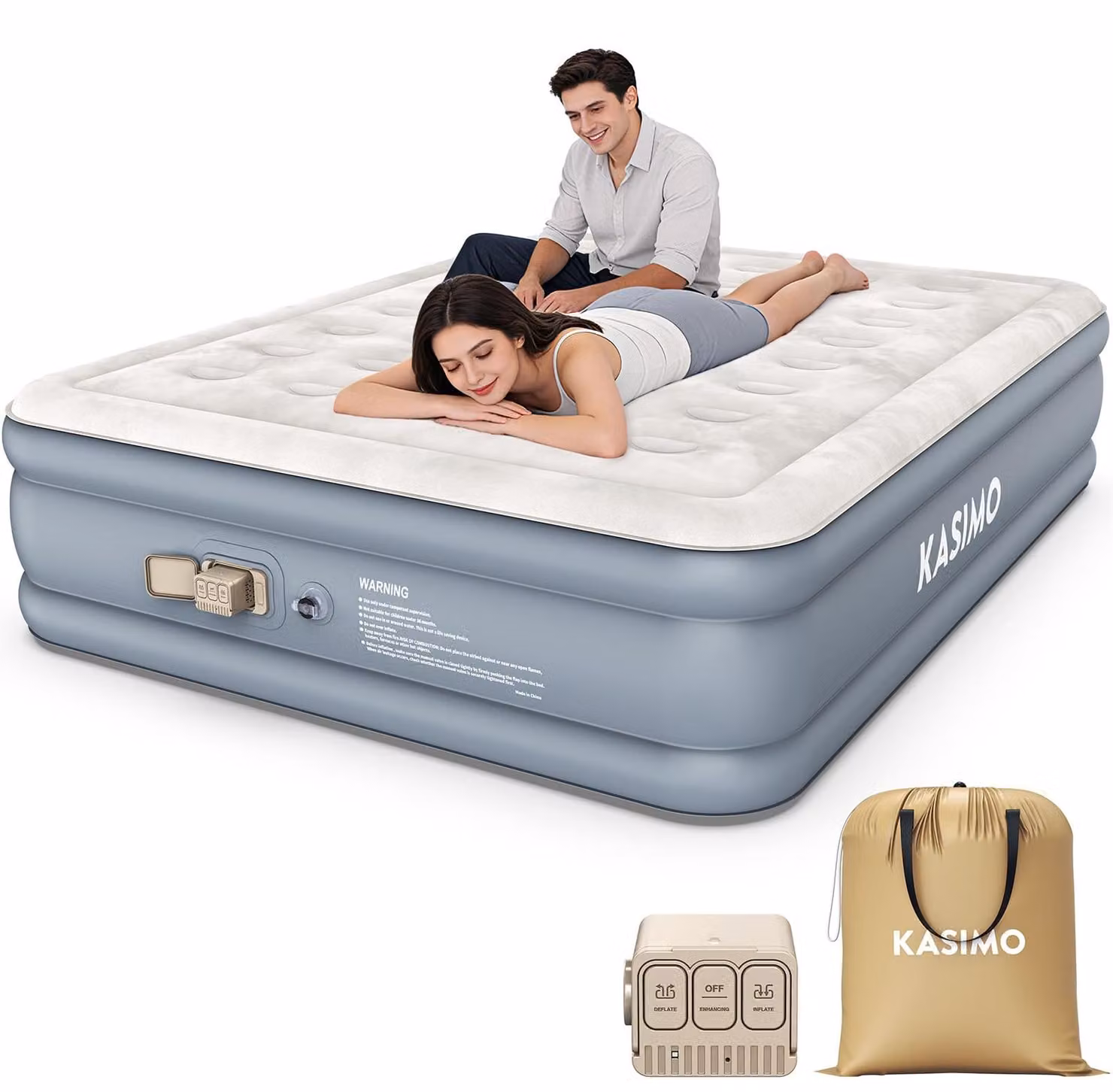 Materasso gonfiabile doppio - Materasso ad aria con pompa a batteria - 195 x 148 cm - Effetto scamosciato - Pompa a batteria ricaricabile - Con borsa per il trasporto
