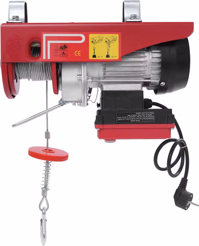 Verricelli elettrici, gru elettriche - Comando a distanza wireless - Capacità di sollevamento: 125/250 kg - Cavo in acciaio da 12 metri - 220V, 550W, grado di protezione IP40 - Colore: rosso