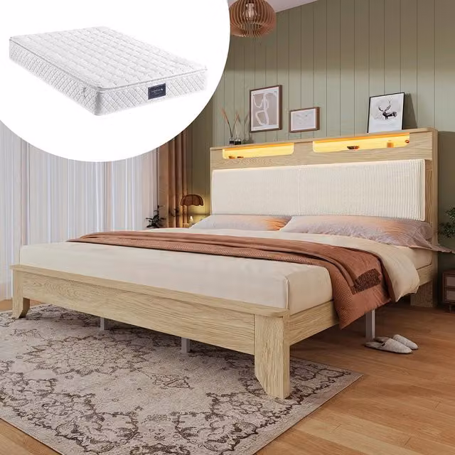 Letto matrimoniale-Xylo-140x200 cm-LED, testiera velluto, quercia chiaro, con materasso