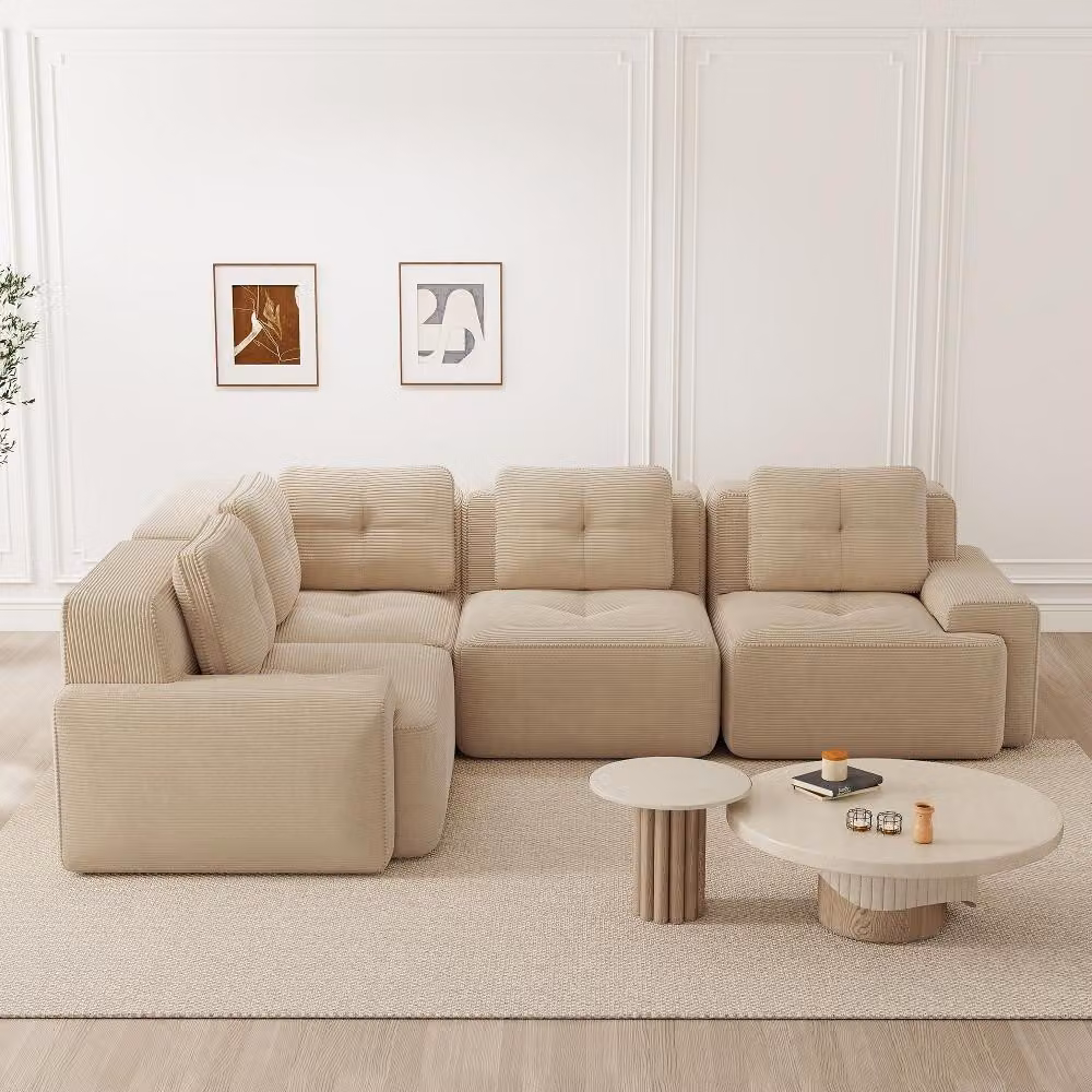 Divano modulare componibile, senza telaio, 4 posti, seduta profonda, divano ad angolo, rivestito in tessuto beige, da assemblare senza montaggio, dotato di piedini antiscivolo, dimensioni: 295x206x69 cm