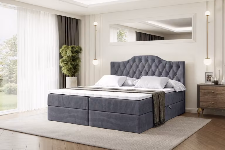 Letto boxspring ALTDECOR con materasso H4 e topper - 140 x 200 cm - VILA-1 - Velluto grigio scuro - Letto imbottito con contenitore e rete a doghe, letto con spazio contenitivo